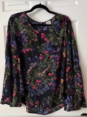 Cupio Botanical Floral Bell Sleeve Blouse Black Boho Top Size Large Cottagecore
